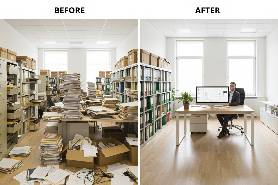Before and after comparison of a paper-filled office transformed into a clean digital workspace after document scanning