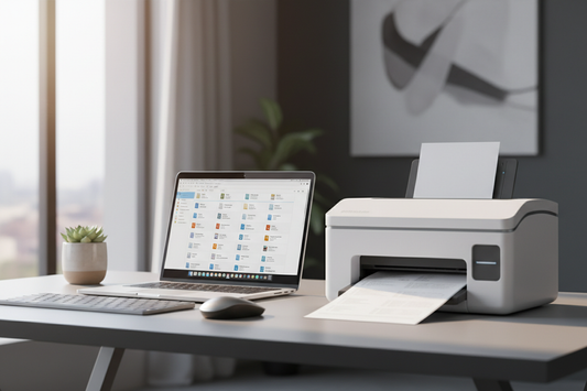 A modern paperless office with a laptop displaying digital files and a document scanner on a clean professional desk